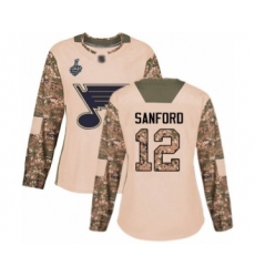 Women's St. Louis Blues #12 Zach Sanford Authentic Camo Veterans Day Practice 2019 Stanley Cup Final Bound Hockey Jersey