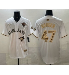 Men's Toronto Blue Jays #47 Addison Barger White Gold 2025 American League Champions Limited Stitched Jersey