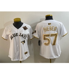 Women's Toronto Blue Jays #57 Shane Bieber White Gold 2025 American League Champions Limited Stitched Baseball Jersey(Run Small)
