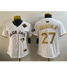 Women's Toronto Blue Jays #27 Vladimir Guerrero Jr. White Gold 2025 American League Champions Limited Stitched Baseball Jersey(Run Small)