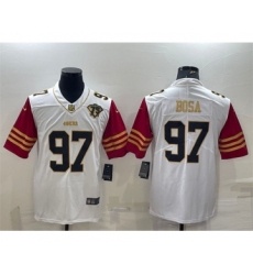 Men's San Francisco 49ers #97 Nick Bosa White Gold Edition With 75TH Patch Limited Stitched Football Jersey