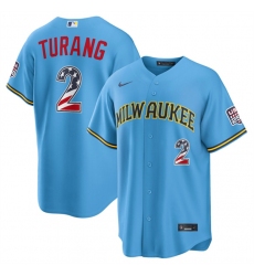 Men's Milwaukee Brewers #2 Brice Turang Blue 2026 USA 250 Fourth of July Home Stadium Stitched Baseball Jersey