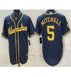 Men's Milwaukee Brewers #5 Garrett Mitchell Navy Blue Stitched Cool Base Jersey