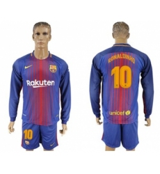 Barcelona #10 Ronaldinho Home Long Sleeves Soccer Club Jersey