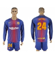 Barcelona #24 Mathieu Home Long Sleeves Soccer Club Jersey