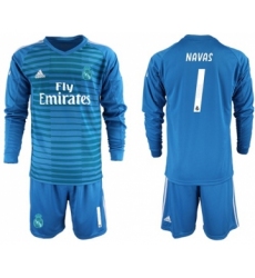 Real Madrid #1 Navas Blue Goalkeeper Long Sleeves Soccer Club Jersey