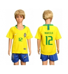 Brazil #12 Marcelo Home Kid Soccer Country Jersey