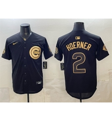Men's Chicago Cubs #2 Nico Hoerner Black Gold 150th Anniversary Stitched Baseball Jersey