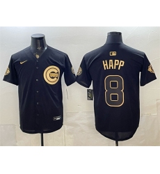 Men's Chicago Cubs #8 lan Happ Black Gold 150th Anniversary Stitched Baseball Jersey