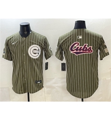 Men's Chicago Cubs Team Big Logo Pinstripe Olive 2026 Armed Forces Day Salute To Service Stitched Baseball Jersey