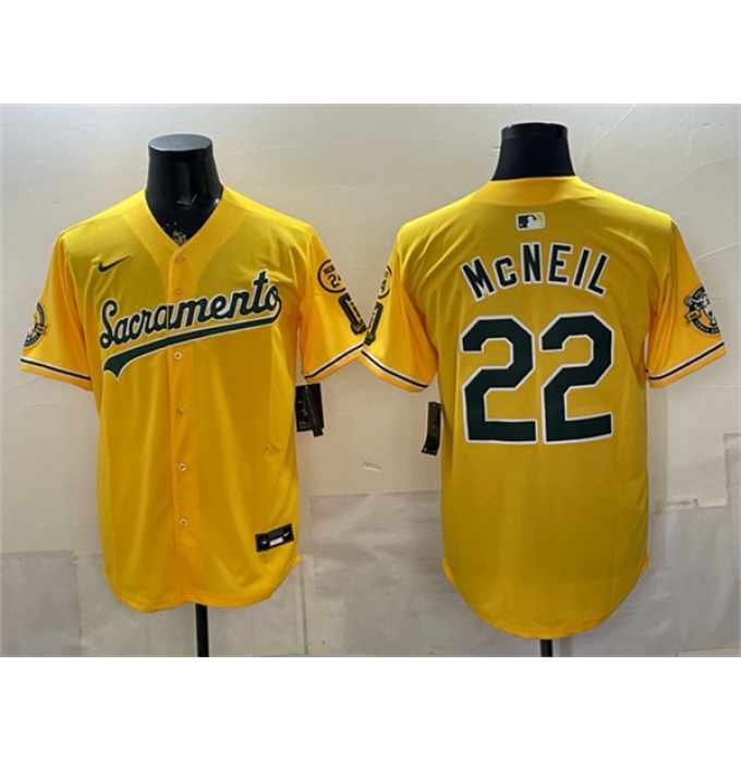 Men's Oakland Athletics #22 Jeff McNeil 2026 Yellow Alternate Sacramento Celebrating 125 Years Vapor Limited Stitched Baseball Jersey