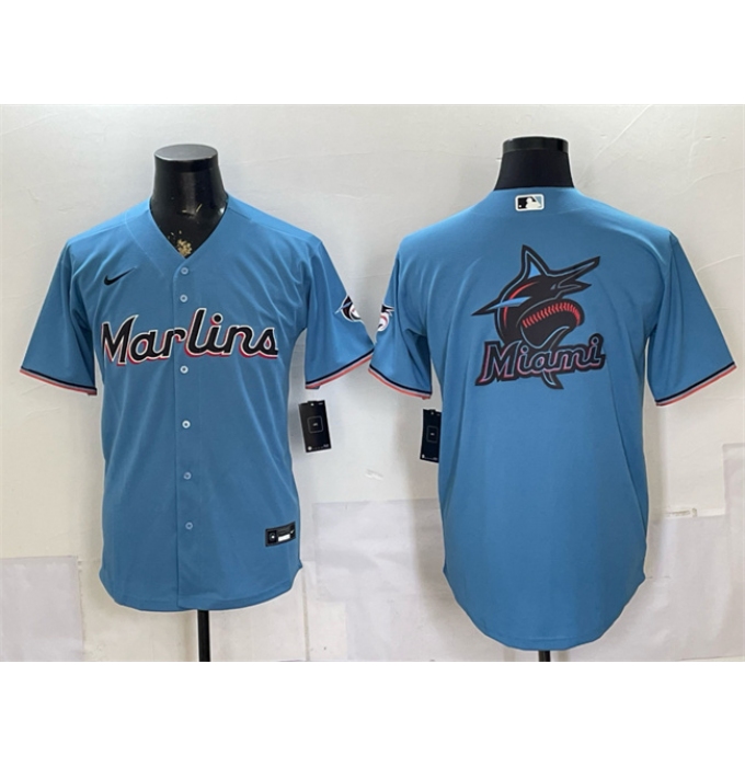 Men's Miami Marlins Blue Team Big Logo Cool Base Stitched Baseball Jersey