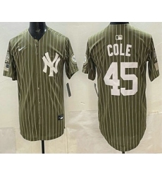 Men's New York Yankees #45 Gerrit Cole Olive Pinstripe 2026 Armed Forces Day Salute To Service Jersey