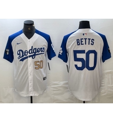 Mens Los Angeles Dodgers #50 Mookie Betts Number White Blue Fashion Stitched Cool Base Limited Jersey