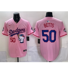 Men's Los Angeles Dodgers #50 Mookie Betts Pink Hello Kitty Night 2025 World Series Champions Stitched Baseball Jersey