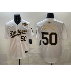 Men's Los Angeles Dodgers #50 Mookie Betts White Gold 2025 World Series Limited Stitched Baseball Jersey