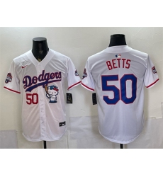 Men's Los Angeles Dodgers #50 Mookie Betts White Hello Kitty Night 2025 World Series Champions Stitched Baseball Jersey