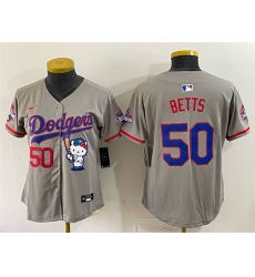 Women's Los Angeles Dodgers #50 Mookie Betts Grey Hello Kitty Night 2025 World Series Champions Stitched Baseball Jersey(Run Small)