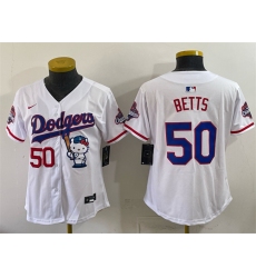 Women's Los Angeles Dodgers #50 Mookie Betts White Hello Kitty Night 2025 World Series Champions Stitched Baseball Jersey(Run Small)