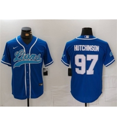 Men's Detroit Lions #97 Aidan Hutchinson Blue Cool Base Stitched Baseball Jersey