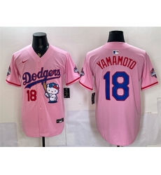 Men's Los Angeles Dodgers #18 Yoshinobu Yamamoto Pink Hello Kitty Night 2025 World Series Champions Stitched Baseball Jersey