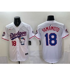Men's Los Angeles Dodgers #18 Yoshinobu Yamamoto White Hello Kitty Night 2025 World Series Champions Stitched Baseball Jersey
