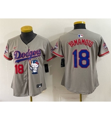 Women's Los Angeles Dodgers #18 Yoshinobu Yamamoto Grey Hello Kitty Night 2025 World Series Champions Stitched Baseball Jersey(Run Small)