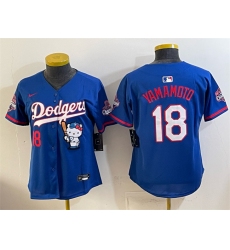 Women's Los Angeles Dodgers #18 Yoshinobu Yamamoto Royal Hello Kitty Night 2025 World Series Champions Stitched Baseball Jersey(Run Small)
