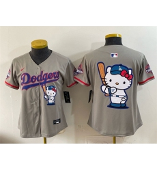 Women's Los Angeles Dodgers Team Big Logo Grey Hello Kitty Night 2025 World Series Champions Stitched Baseball Jersey(Run Small)