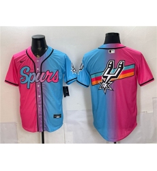 Men's San Antonio Spurs Team Big Logo Pink Blue Limited Stitched Baseball Jersey