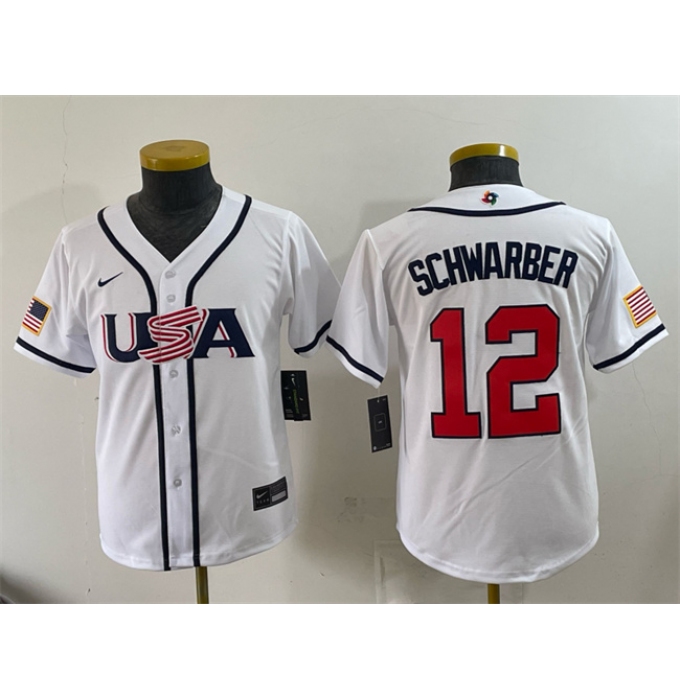 Youth USA Baseball #12 Kyle Schwarber White 2026 World Baseball Classic Home Stadium Stitched Baseball Jersey