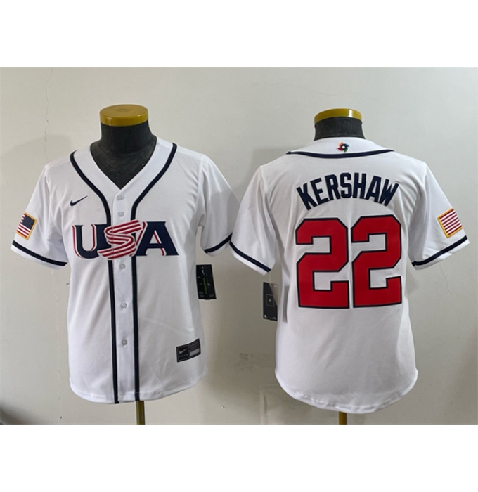 Youth USA Baseball #22 Clayton Kershaw White 2026 World Baseball Classic Home Stadium Stitched Baseball Jersey