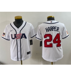Youth USA Baseball #24 Bryce Harper White 2026 World Baseball Classic Home Stadium Stitched Baseball Jersey