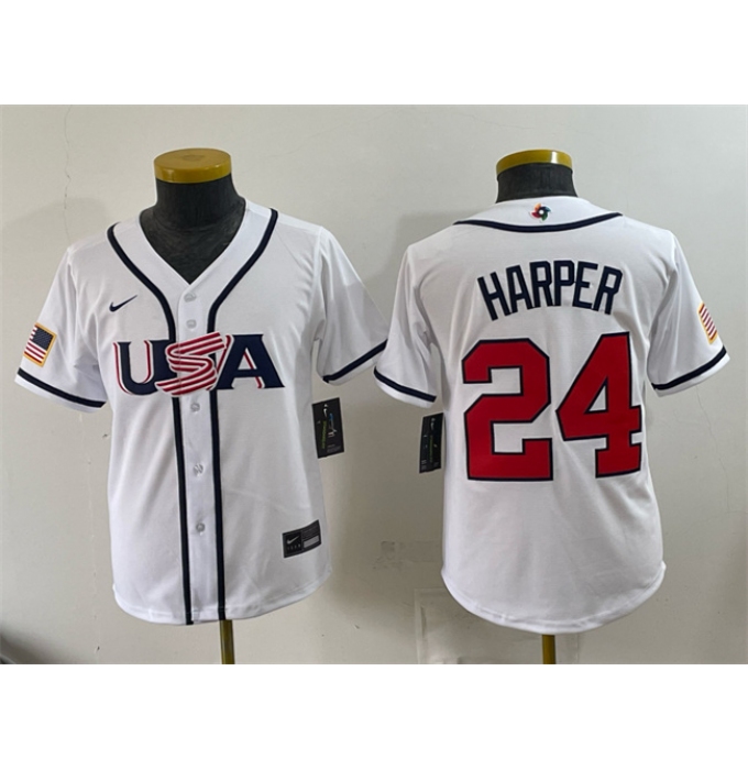 Youth USA Baseball #24 Bryce Harper White 2026 World Baseball Classic Home Stadium Stitched Baseball Jersey