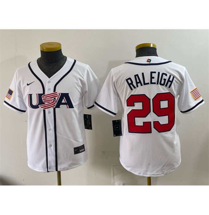 Youth USA Baseball #29 Cal Raleigh White 2026 World Baseball Classic Home Stadium Stitched Baseball Jersey