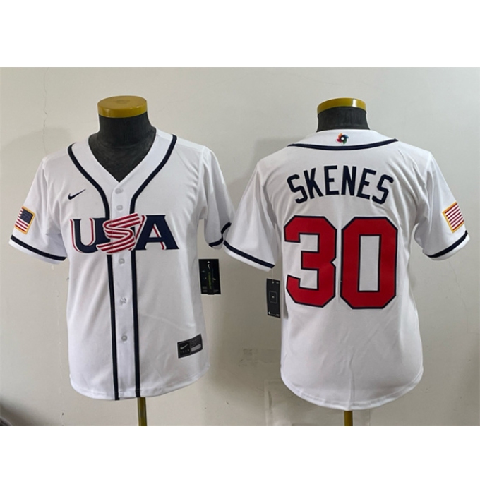 Youth USA Baseball #30 Paul Skenes White 2026 World Baseball Classic Home Stadium Stitched Baseball Jersey