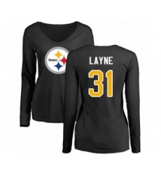 Women's Pittsburgh Steelers #31 Justin Layne Black Name & Number Logo Slim Fit Long Sleeve T-Shirt