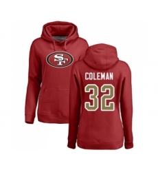 Football Women's San Francisco 49ers #32 Tevin Coleman Red Name & Number Logo Pullover Hoodie