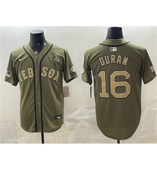 Men's Boston Red Sox #16 Jarren Duran Olive Armed Forces Day Cool Base Stitched Baseball Jersey