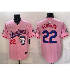 Men's Los Angeles Dodgers #22 Clayton Kershaw Pink Hello Kitty Night 2025 World Series Champions Stitched Baseball Jersey