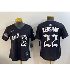Women's Los Angeles Dodgers #22 Clayton Kershaw Black 2025 World Series Champions LA Gothic Edition Limited Stitched Baseball Jersey(Run Small)