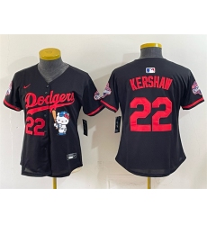 Women's Los Angeles Dodgers #22 Clayton Kershaw Black Hello Kitty Night 2025 World Series Champions Stitched Baseball Jersey(Run Small)