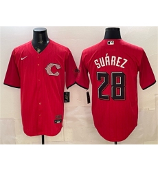 Men's Cincinnati Reds #28 Eugenio Suárez Red 2026 City Connect Stadium Stitched Baseball Jersey