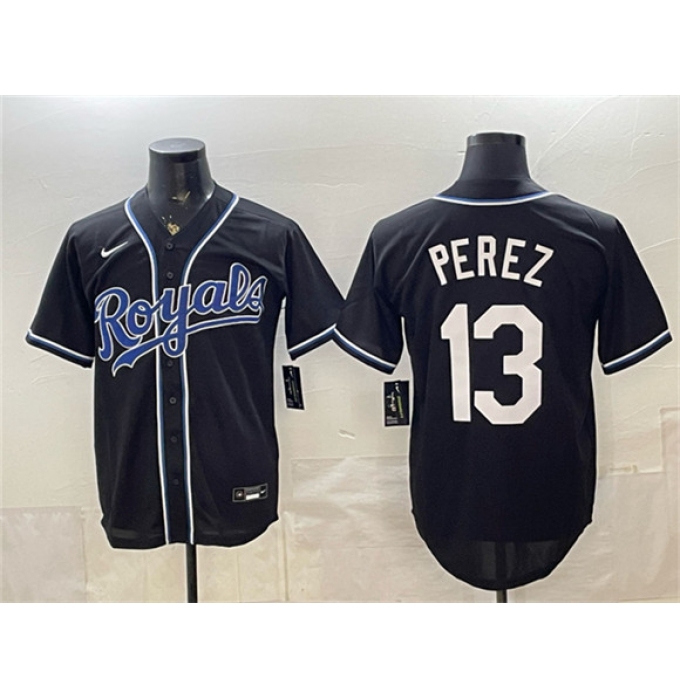Men's Kansas City Royals #13 Salvador Perez Black 2026 Fashion Replica Black Out Stitched Baseball Jersey