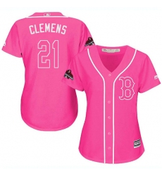 Women's Majestic Boston Red Sox #21 Roger Clemens Authentic Pink Fashion 2018 World Series Champions MLB Jersey