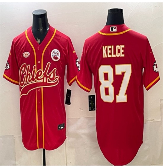 Men's Kansas City Chiefs #87 Travis Kelce Red With NKH Cool Base Stitched Baseball Jersey