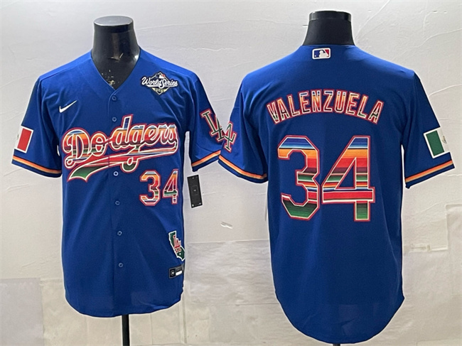 Men's Los Angeles Dodgers #34 Fernando Valenzuela Royal Mexico California 2025 World Series Patch Stitched Baseball Jersey